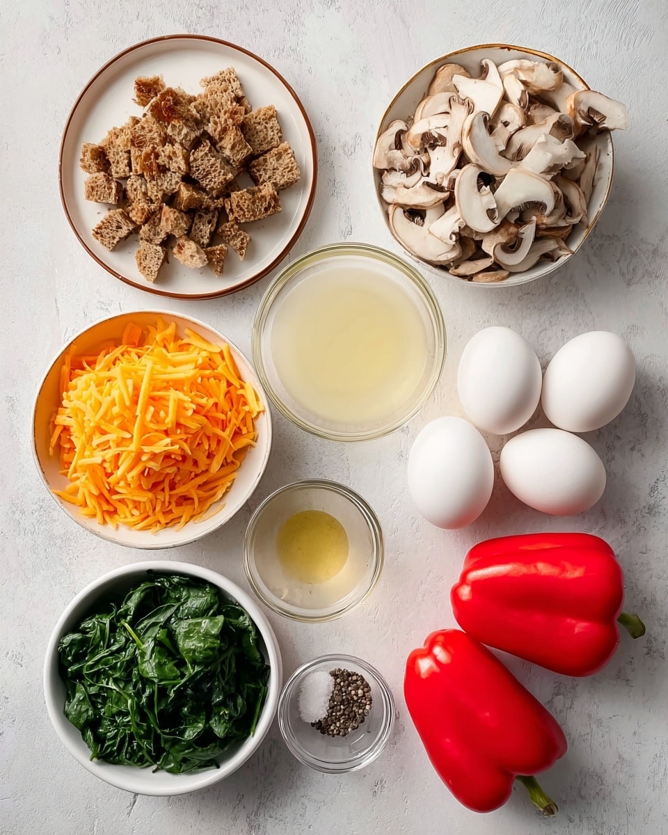 A flat lay on a white marbled surface shows various ingredients for cooking. At the top left, a round white plate with a brown rim holds chopped brown bread pieces. To its right, a white plate with a golden rim contains chopped white and brown mushrooms. On the top right side, there are four whole white eggs placed closely together. Below the eggs, a small clear glass bowl has a light yellow liquid, next to it a white bowl contains a pale yellow liquid. In the middle center are two whole bright red bell peppers standing upright. To the left of the peppers, a small white bowl holds shredded orange cheddar cheese. Below the cheese, another white bowl contains chopped dark green spinach. Finally, at the center bottom left, a small transparent bowl holds salt and black pepper. The ingredients are neat and distinct in color and texture, arranged cleanly and brightly lit. photo taken with an iphone --ar 4:5 --v 7