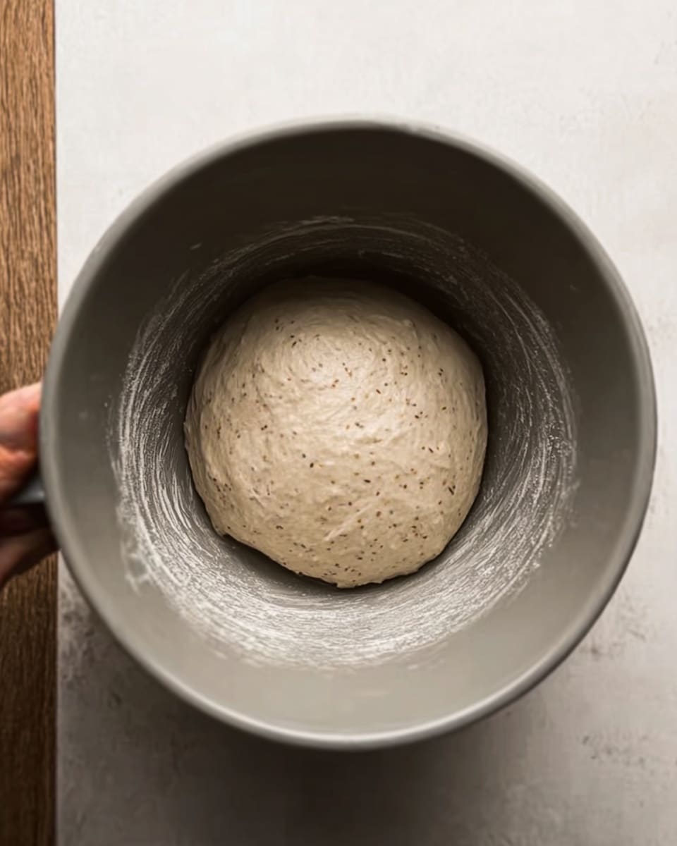 The image shows a gray kitchen mixer bowl with a smooth, round dough ball resting at the center inside it. The dough is slightly textured with small seeds or grains visible throughout, giving it a speckled appearance. The bowl sits on a white marbled surface, and there is a woman's hand holding the bowl's handle on the left side. The lighting creates soft shadows, highlighting the dough's soft texture and the bowl's curved interior. Photo taken with an iphone --ar 4:5 --v 7