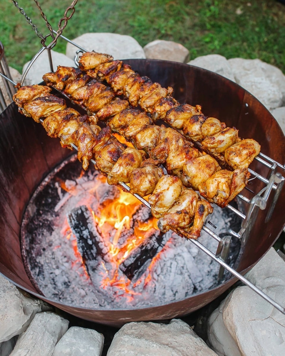 The image shows a large grilling rack filled with two rows of golden-brown chicken pieces evenly stacked. The chicken has a slightly crispy texture with a mix of light and dark orange tones from the spices and cooking, giving it a rich, warm look. The metal rack is shiny and placed over a fire pit with glowing orange flames and white ash-covered logs inside a round metal ring. The fire pit is surrounded by natural stones and sits on a white marbled surface. In the background, there is green grass giving an outdoor cooking feel. photo taken with an iphone --ar 4:5 --v 7