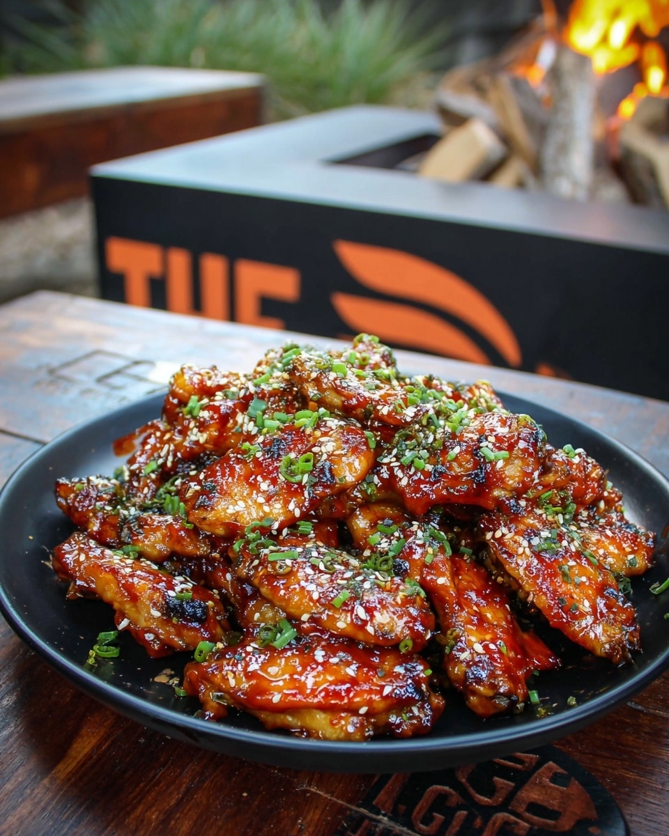 A large black round plate is filled with many glazed chicken wings layered in a slightly messy pile. The wings are coated in bright red sauce that shines under the light, with some darker grilled spots visible. Green chopped herbs and white sesame seeds are sprinkled evenly on top, giving a fresh and textured look. The plate sits on a dark wooden surface with part of an orange and black logo visible, and a blurred fire pit with burning wood and grass can be seen in the background. photo taken with an iphone --ar 4:5 --v 7