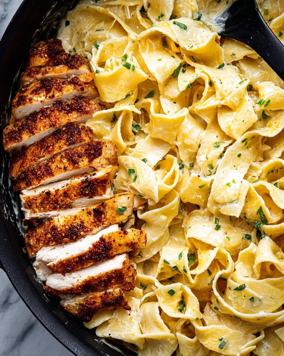A close-up top view of a black pan filled with creamy wide pasta noodles, coated in a light yellow sauce with small green herb bits mixed in. On the left side of the pan, there is a row of sliced, cooked chicken with a spicy, browned crust, each slice showing the tender white meat inside. The pasta has a soft, smooth texture with folds and curls around the chicken. A black spoon is partially visible at the top edge of the pan. The scene is set on a white marbled surface. photo taken with an iphone --ar 4:5 --v 7