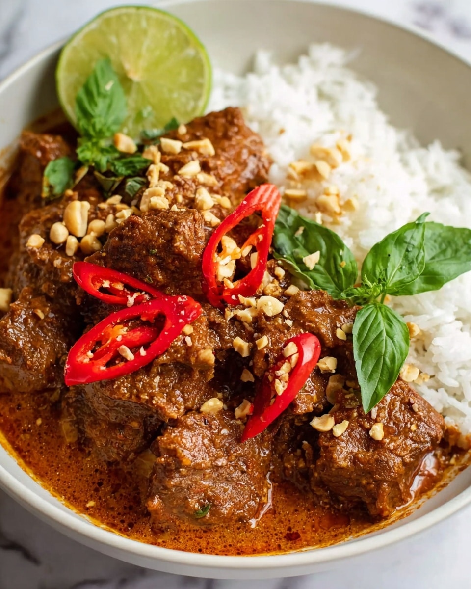 The dish is presented in a white bowl on a white marbled surface, with a base layer of white rice visible on one side. On top of the rice, there is a thick layer of rich brown sauce covering pieces of meat. The sauce has a coarse texture and is topped with chopped nuts scattered unevenly. Bright red slices of chili pepper are placed on the meat, adding a pop of color. A lime wedge leans against the rice in the background, and fresh green basil leaves rest on the sauce near the center. The overall look is warm and inviting with contrasting colors and textures. photo taken with an iphone --ar 4:5 --v 7