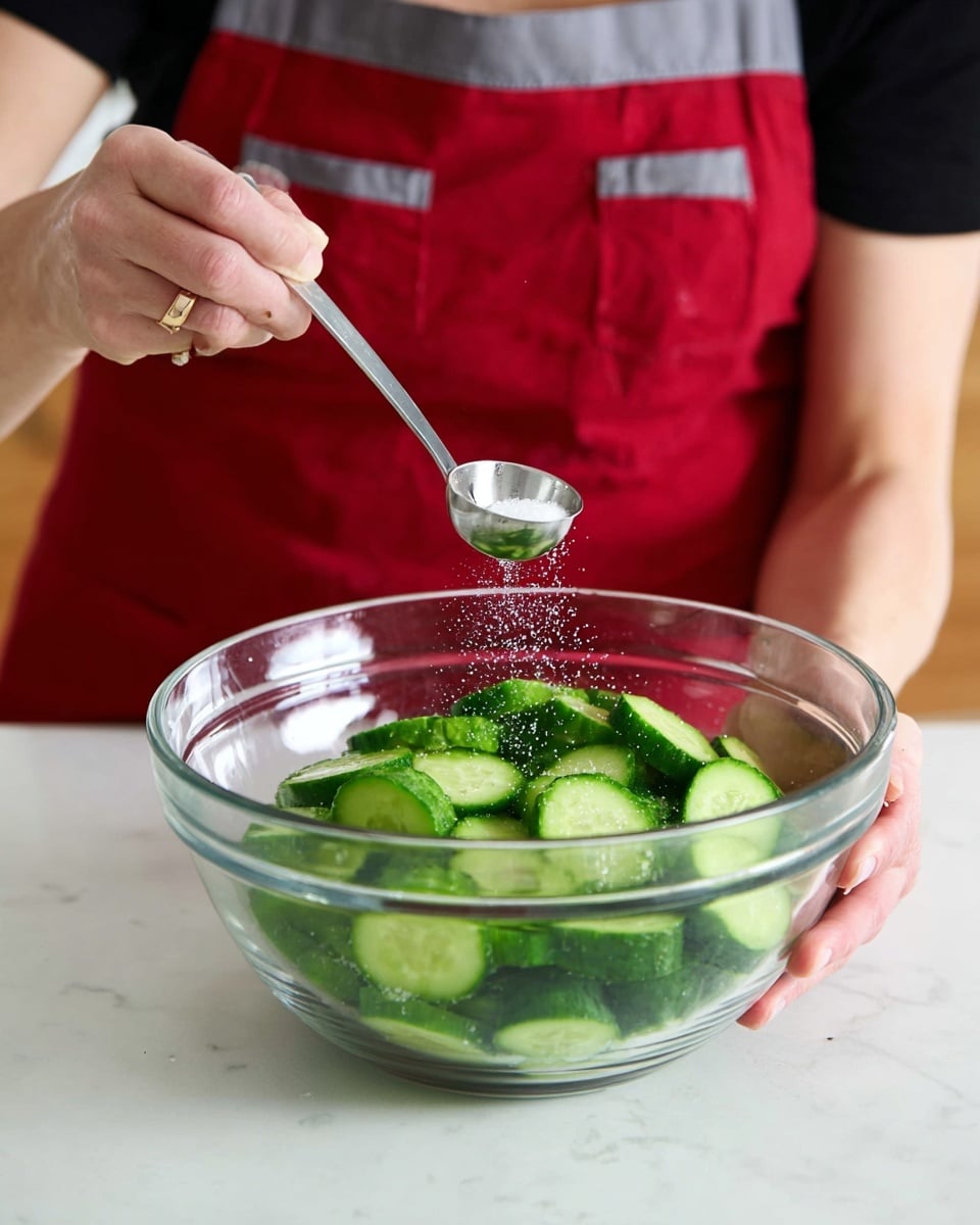 A large clear glass bowl filled with bright green cucumber slices sits on a white marbled surface. Above the bowl, a woman's hand is holding a small metal measuring spoon and sprinkling white granules, possibly salt, onto the cucumbers. The woman wears a red apron with grey straps over a black shirt, and another woman’s hand is gently holding the bowl from the opposite side. The scene is bright and simple, focused on fresh ingredients and the action of seasoning. photo taken with an iphone --ar 4:5 --v 7