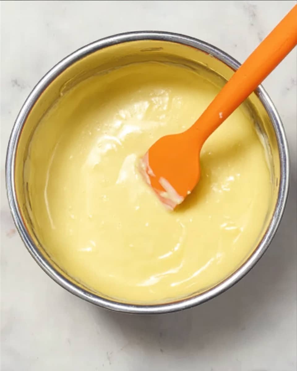 A shiny metal bowl filled with smooth, creamy yellow batter that looks thick and rich. Inside the bowl, there is an orange spatula resting on the batter, slightly angled with the flat side facing down, showing some white batter on it. The bowl is placed on a white marbled surface. photo taken with an iphone --ar 4:5 --v 7