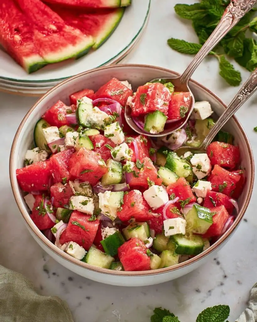 Watermelon Strawberry Cucumber & Feta Salad Recipe