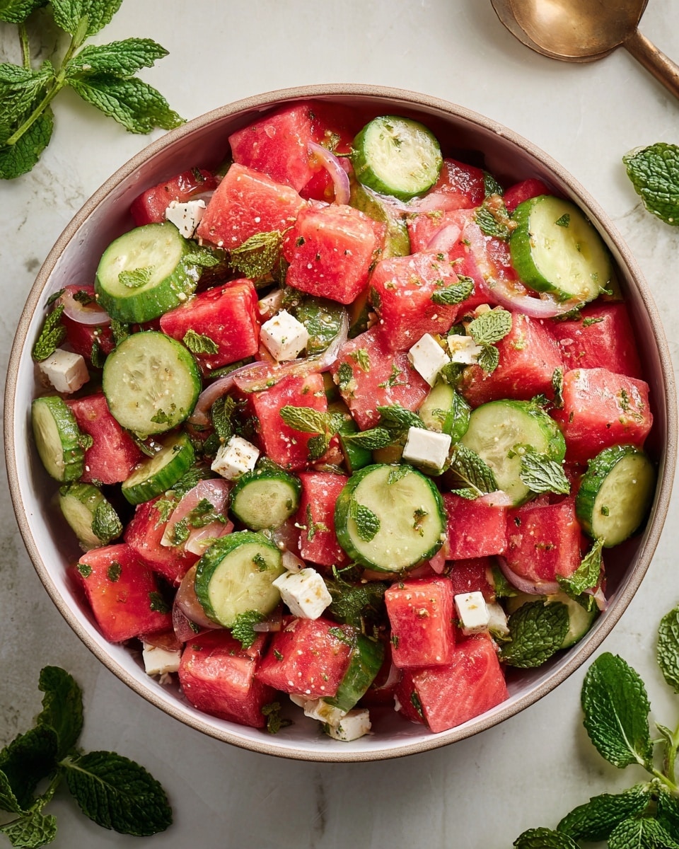 The image shows a white round bowl filled with a colorful salad made of several visible layers. The bottom layer is made up of large pink watermelon cubes, giving a juicy and fresh texture. Mixed on top are round slices of cucumber that are light green with a smooth texture. Scattered throughout are small white cubes of cheese, adding contrast and richness. Fresh chopped green mint leaves are sprinkled evenly over the whole salad, adding a touch of freshness and color. The bowl is placed on a white marbled surface with some mint leaves around it, creating a clean and fresh look. Photo taken with an iphone --ar 4:5 --v 7