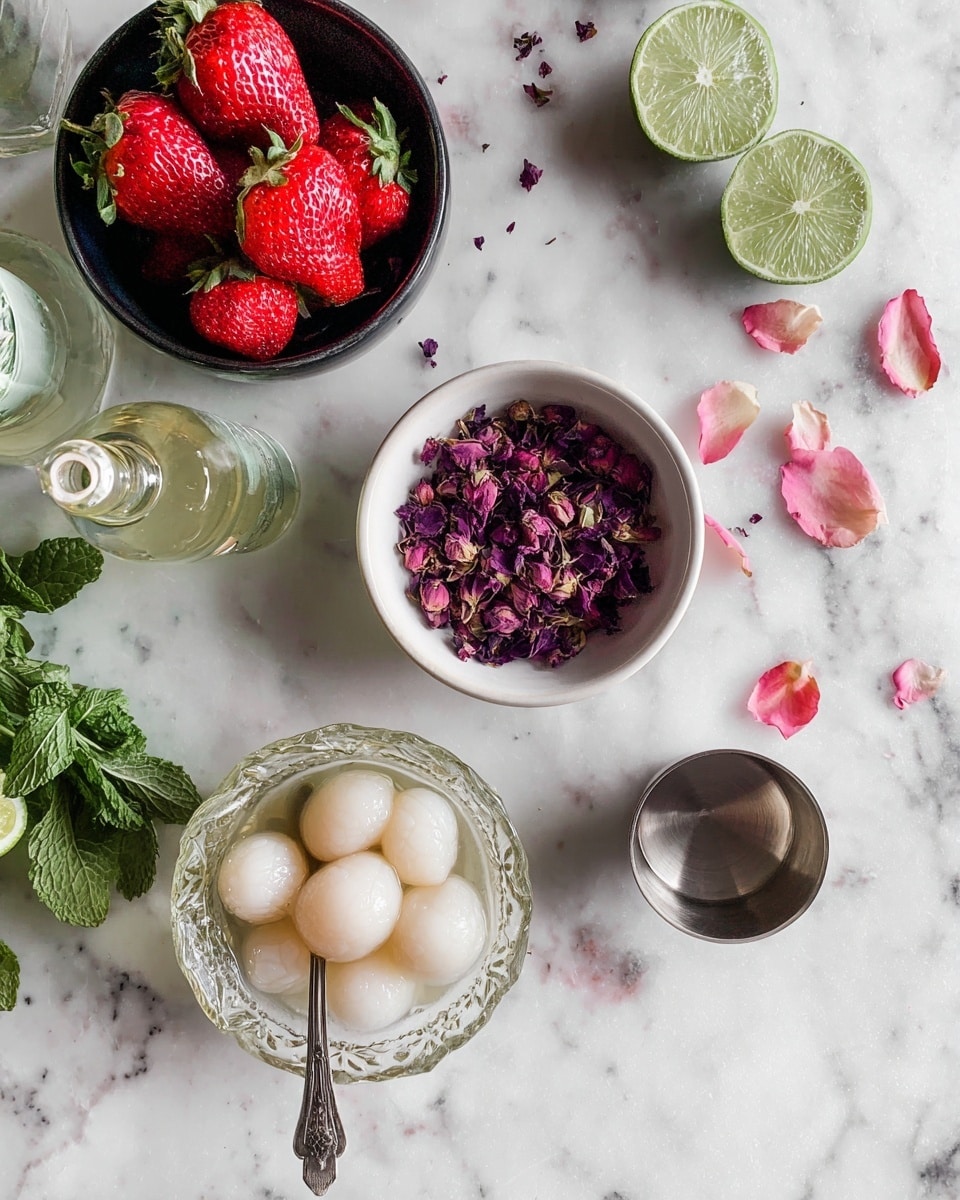 The image shows a white marbled surface with several items arranged on it. At the top left, there is a small black bowl filled with bright red strawberries with green leaves. To the right of it, a white bowl holds dried purple rose petals. Near the bottom, there is a clear decorative bowl filled with peeled lychee fruits in clear juice, with a silver spoon inside. To the right of this bowl, there is a small metal cup and two lime halves showing their bright green texture. On the left side of the frame, fresh green mint leaves are placed next to a small glass bottle containing a clear liquid. Some scattered rose petals and drops of juice add detail to the white marbled surface. Photo taken with an iphone --ar 4:5 --v 7