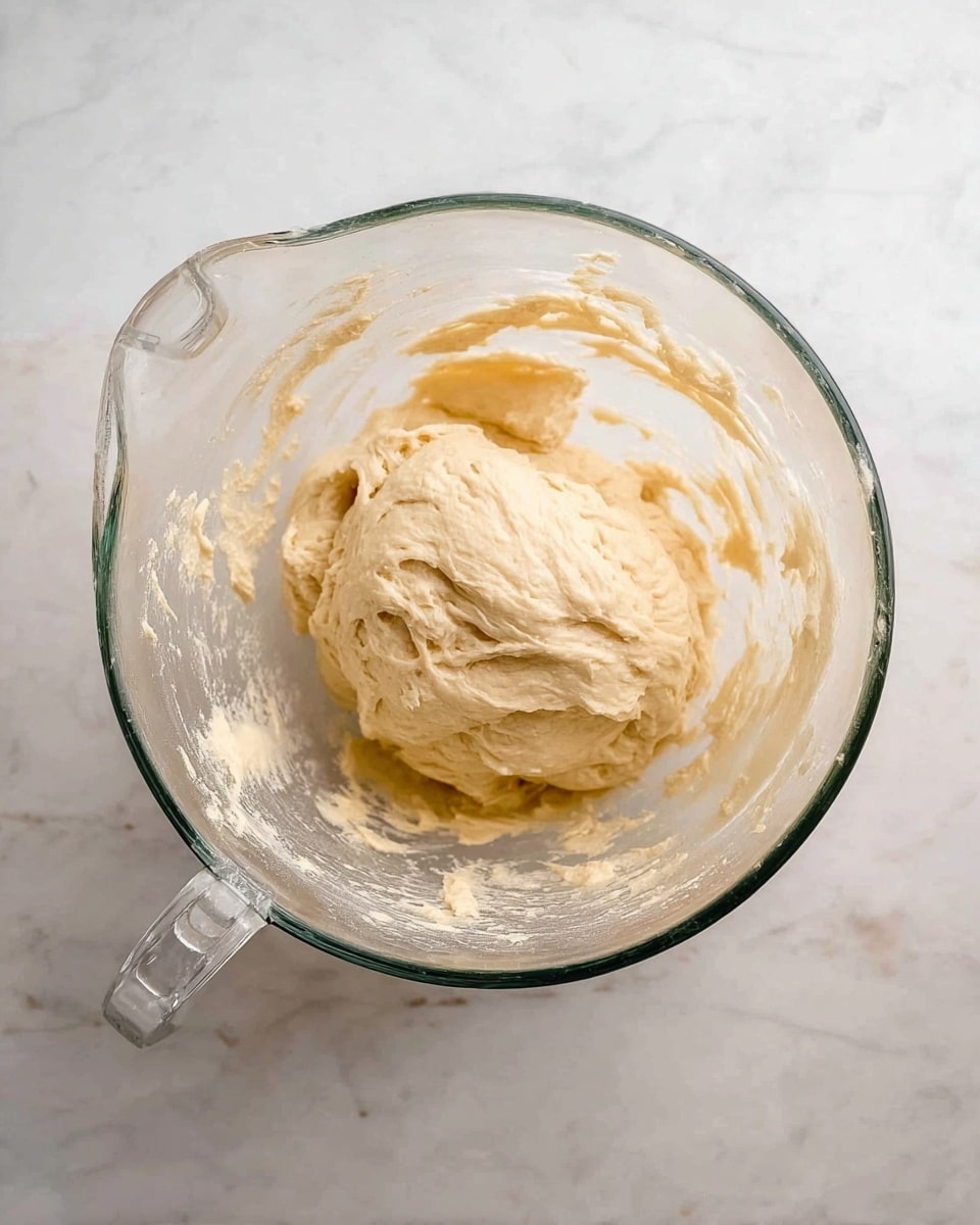A clear glass mixing bowl with a handle sits on a white marbled surface, holding a smooth, light beige dough inside. The dough is soft and slightly sticky, gathered in a rounded mound in the center of the bowl. Some streaks of dough cling to the sides of the bowl, showing its creamy texture. The overall scene is simple and clean, highlighting the mixed dough ready for the next step. photo taken with an iphone --ar 4:5 --v 7