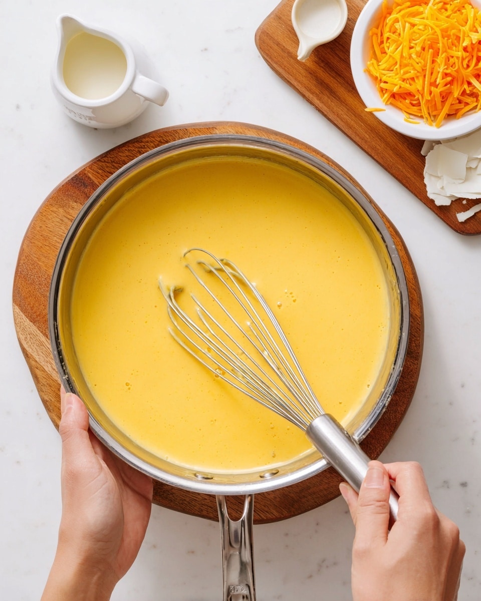 A close-up view of a silver mixing pan filled with a smooth, bright yellow batter or sauce, being stirred with a metal whisk held by a woman's hand. The pan handle is held steady by another woman's hand. In the top right corner, there is a white small bowl filled with shredded orange cheese and a small white pitcher of white liquid, both placed on a wooden board. The entire scene is set on a white marbled surface. photo taken with an iphone --ar 4:5 --v 7
