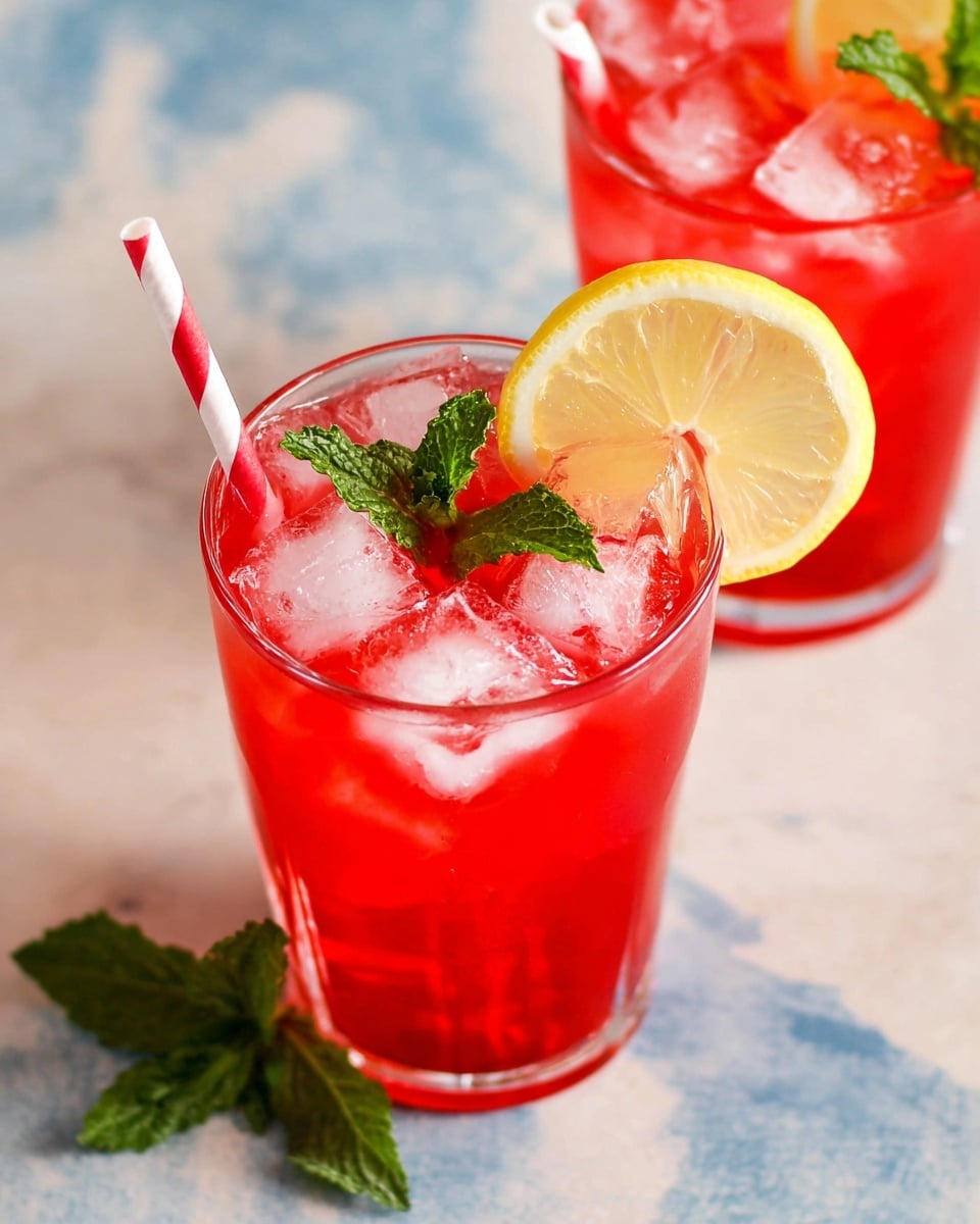 Two glasses filled with bright red drink topped with several clear ice cubes. Each glass has a half lemon slice resting on the rim and a small bunch of fresh green mint leaves placed next to the lemon. There is a red and white striped paper straw sticking out of each glass. The glasses sit on a white marbled surface with a soft blue and beige pattern showing through. Photo taken with an iphone --ar 4:5 --v 7
