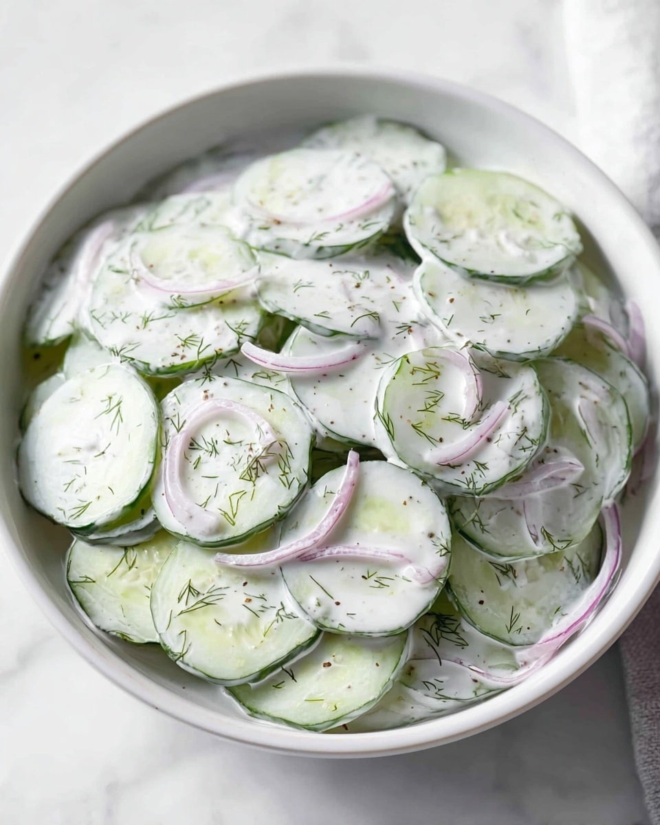 The image shows a white bowl filled with thin, round slices of cucumber layered evenly. The cucumber slices are covered in a creamy white dressing that has a smooth texture, with small green specks of dill sprinkled throughout. Mixed lightly within the slices are thin strips of pale purple onion, adding a touch of color contrast. The bowl rests on a white marbled surface which brightens the overall scene. The arrangement is simple and fresh, presenting a cool and light salad feel photo taken with an iphone --ar 4:5 --v 7
