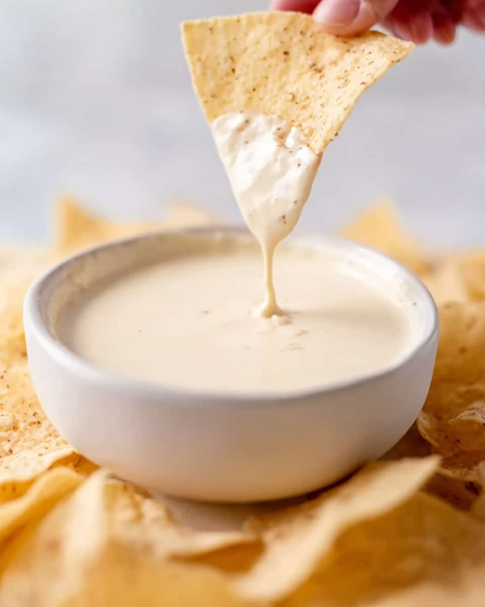 In the image, a white bowl filled with smooth, creamy white queso dip is shown. A tortilla chip is dipped into the queso, with some dip dripping gently from the chip. Around the bowl, there are many more tortilla chips scattered on a white marbled surface. The texture of the queso looks thick and shiny, while the chips have a rough, slightly grainy texture and a light golden color. A woman's hand is holding the chip above the bowl. The background is softly blurred, focusing attention on the bowl, chip, and dip. photo taken with an iphone --ar 4:5 --v 7