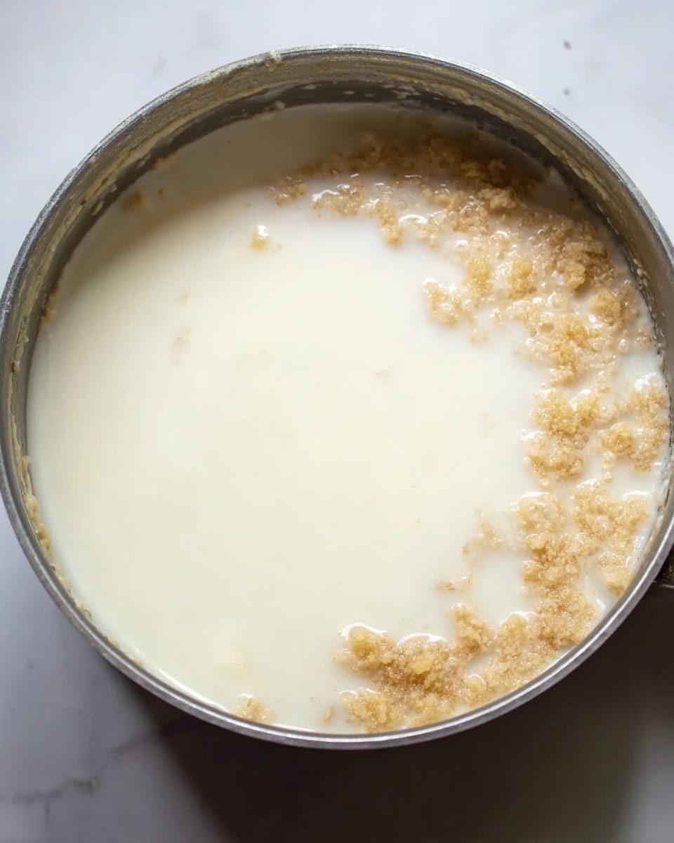 The image shows a close-up of a round metal pot filled with a creamy white liquid layer on top and light brown solid bits around the edges, suggesting a mixture being cooked or combined. The texture of the white liquid appears smooth and slightly glossy while the brown bits look soft and clustered near the pot's sides. The pot is placed on a white marbled surface, adding a clean and bright background. Photo taken with an iphone --ar 4:5 --v 7