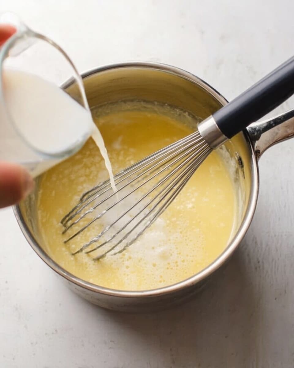 A close-up image showing a silver pot on a white marbled surface with a yellow batter-like mixture inside. A metal whisk with a black handle rests inside the pot, and white liquid is being poured into the pot from a clear measuring cup held by a woman's hand, partially visible on the left side. The scene highlights the mixing process with soft lighting and a clean background, photo taken with an iphone --ar 4:5 --v 7