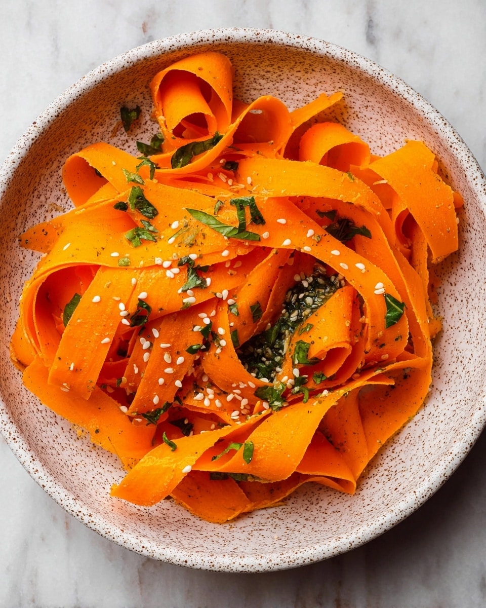 A white speckled bowl holds wide, curled ribbons of bright orange carrot, each ribbon smooth and slightly shiny, layered loosely with some overlapping and twisted. Small green herb pieces and white sesame seeds are scattered evenly over the carrot ribbons, adding texture and contrast. The bowl sits on a white marbled surface. photo taken with an iphone --ar 4:5 --v 7