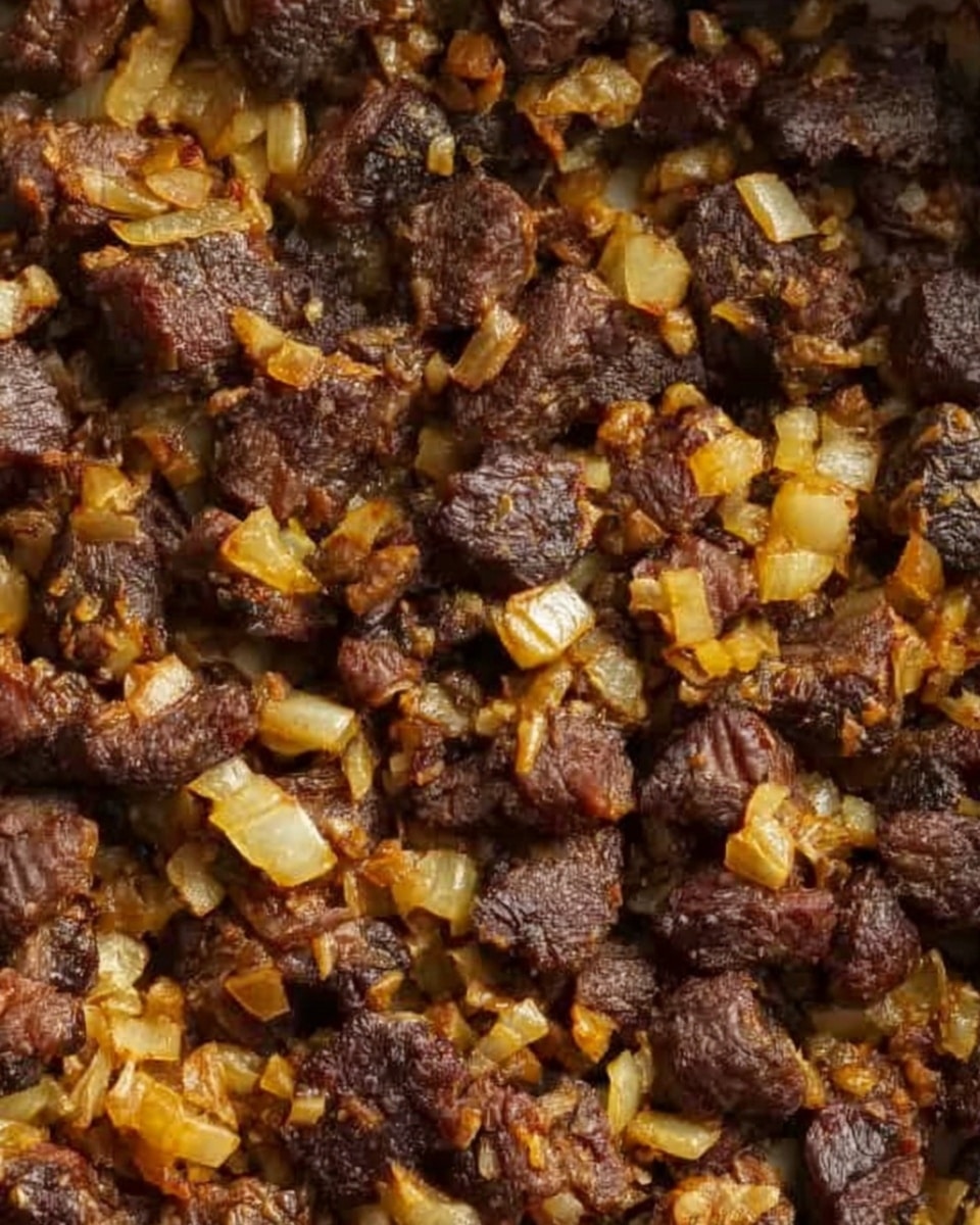 The image shows a close-up view of small pieces of cooked meat mixed with a generous amount of finely chopped cooked onions. The meat pieces are dark brown with a slightly crispy texture, and the onions are golden and soft, evenly spread throughout the mixture. The food fills the frame, with no visible plate or bowl, and the background is a white marbled texture. Photo taken with an iphone --ar 4:5 --v 7