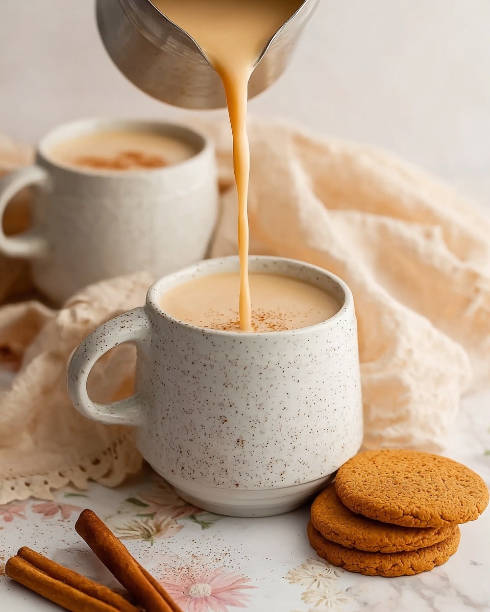 A white speckled ceramic mug filled with creamy light beige chai tea is centered in the image, with a thick stream of the tea pouring from a metal pot above into the mug. Behind it, another similar mug is partially visible, filled with tea topped with a sprinkle of cinnamon powder. In front of the main mug, two round cinnamon biscuits and three sticks of cinnamon lay on a white marbled surface that shows a faint floral pattern. Soft beige fabric is draped casually in the background, adding warmth to the scene. The photo taken with an iphone --ar 4:5 --v 7