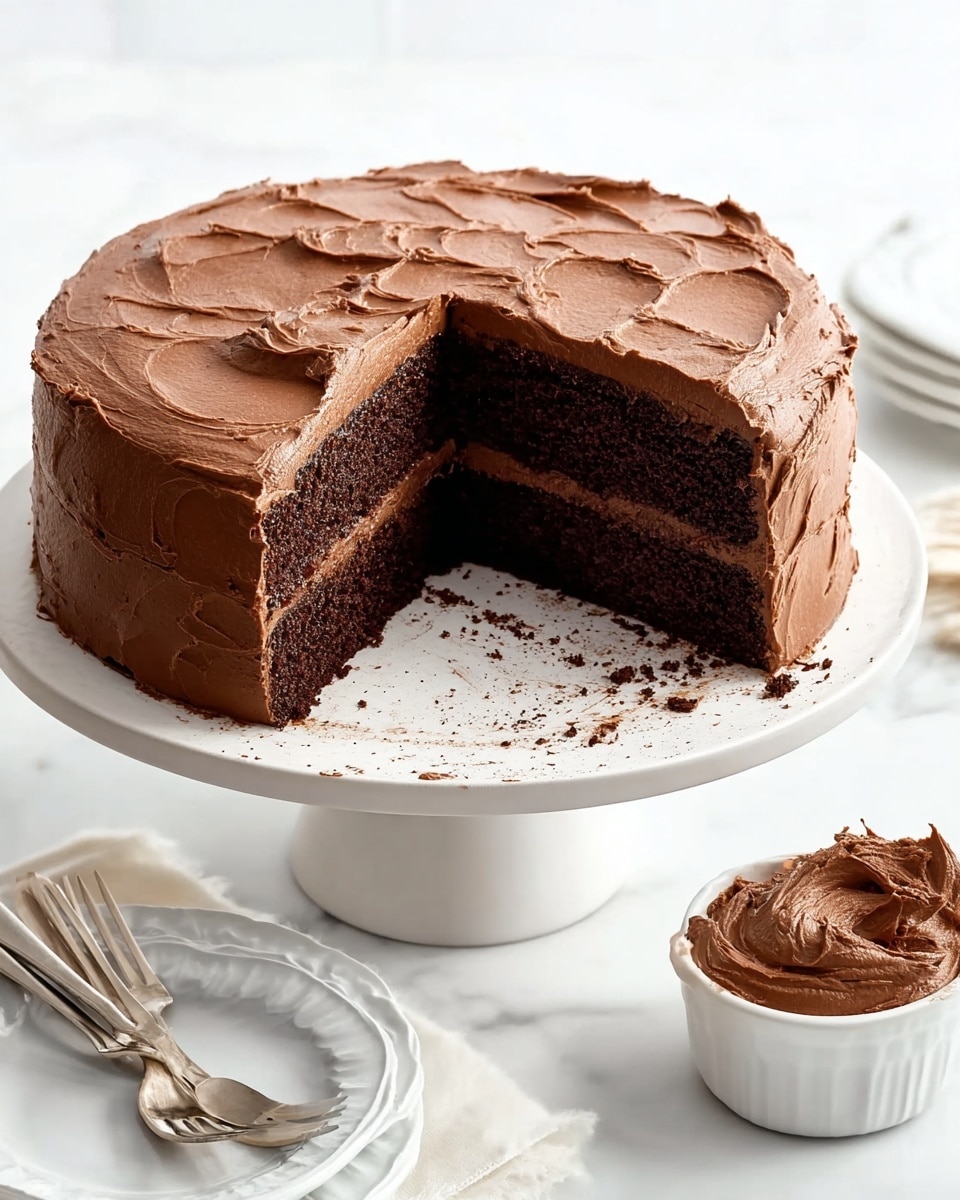 A two-layer chocolate cake is shown on a white cake stand with light texture. The cake is covered with thick, smooth chocolate frosting that has a slightly wavy pattern on top and on the sides. One large slice is removed, showing the dark brown, moist cake with a middle layer of chocolate frosting. There is a small white dish with extra chocolate frosting next to the cake stand on a white marbled surface. A white plate with a fork is also partly visible in the lower left corner. The background is plain white. photo taken with an iphone --ar 4:5 --v 7