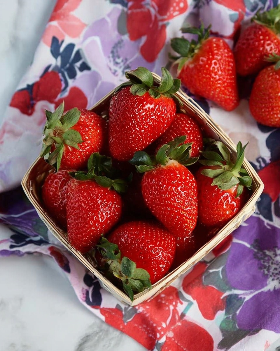 A small square basket filled with bright red strawberries with green leaves on top, the strawberries look fresh and shiny with visible small seeds. The basket is resting on a soft cloth featuring a colorful pattern with shades of purple, red, and white. The background is a white marbled surface, adding a clean and smooth look to the setting. Photo taken with an iphone --ar 4:5 --v 7