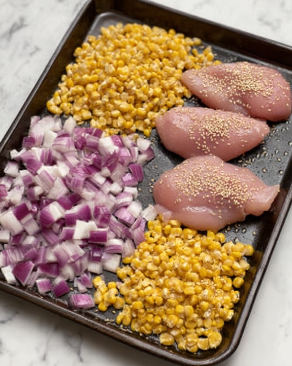 The image shows a dark baking tray on a white marbled surface. On the tray, there are three pieces of raw pink chicken placed on the top right side, each sprinkled with sesame seeds. On the lower left side, there is a pile of bright yellow corn kernels. Next to the corn, toward the center of the tray, there are chopped pieces of purple and white onion. The ingredients are neatly arranged in separate sections, showing clear layers of raw chicken, corn, and chopped onion. Photo taken with an iphone --ar 4:5 --v 7