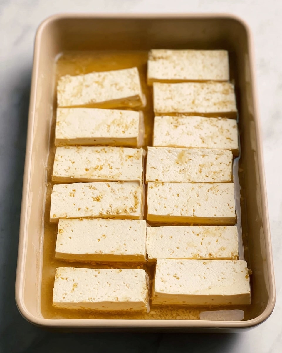 A beige rectangular baking dish holds ten rectangular slices of tofu arranged in neat rows, each piece pale cream in color with small specks and a slightly spongy texture. The tofu pieces sit in a shallow light brown sauce that creates a subtle sheen on their surfaces. The dish is placed on a white marbled background. photo taken with an iphone --ar 4:5 --v 7