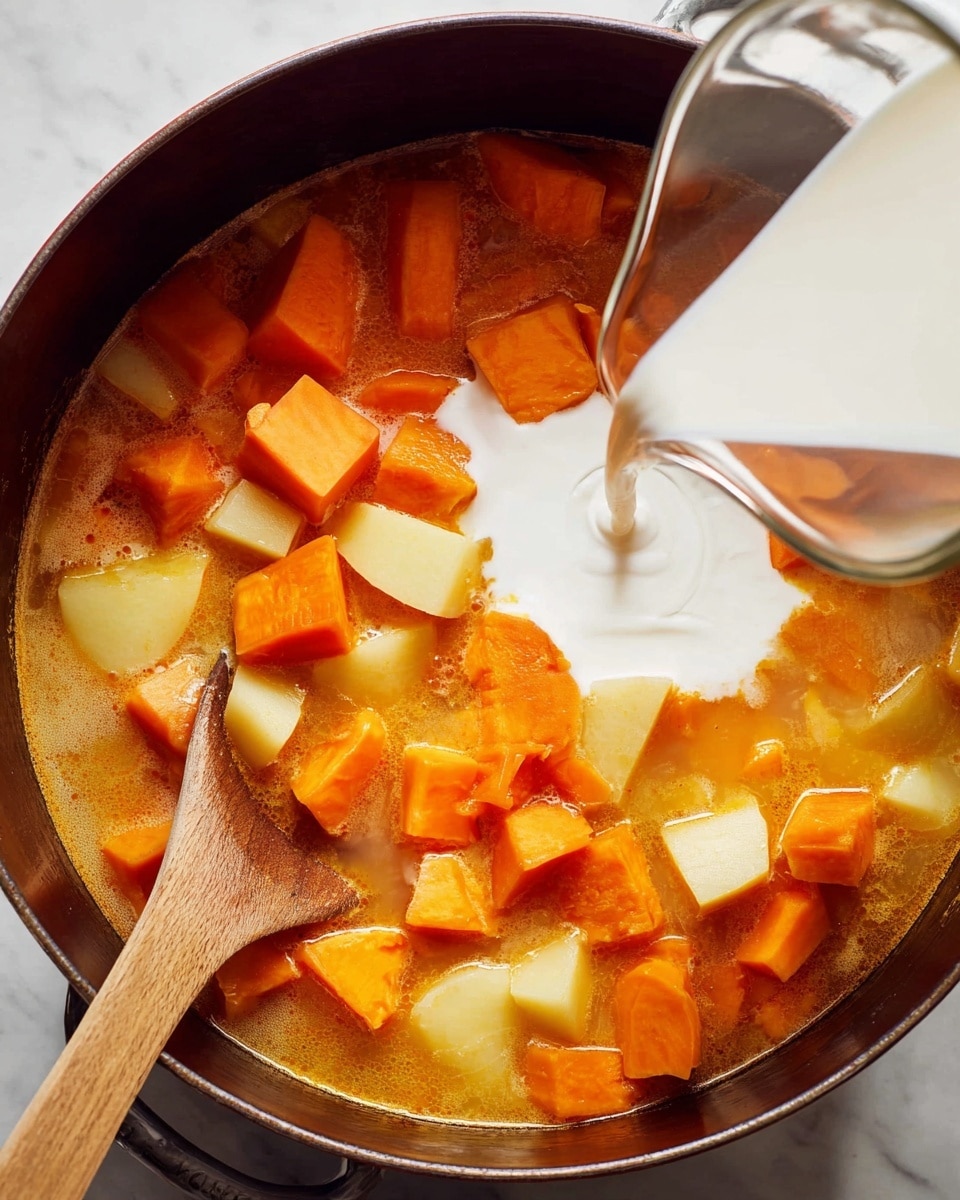 A pot filled with a bright orange and light yellow mix of chunks and liquid, where large pieces of orange sweet potato and pale yellow potato float in a warm, clear broth. A clear glass jug pours a smooth, white liquid into the center, creating a swirling white layer over the vegetables. A wooden spoon sticks out from the pot on the left side, partially covered by the soup. The pot edge is dark and rounded, contrasting with the vivid orange and yellow inside. The surface under the pot shows a white marbled texture photo taken with an iphone --ar 4:5 --v 7