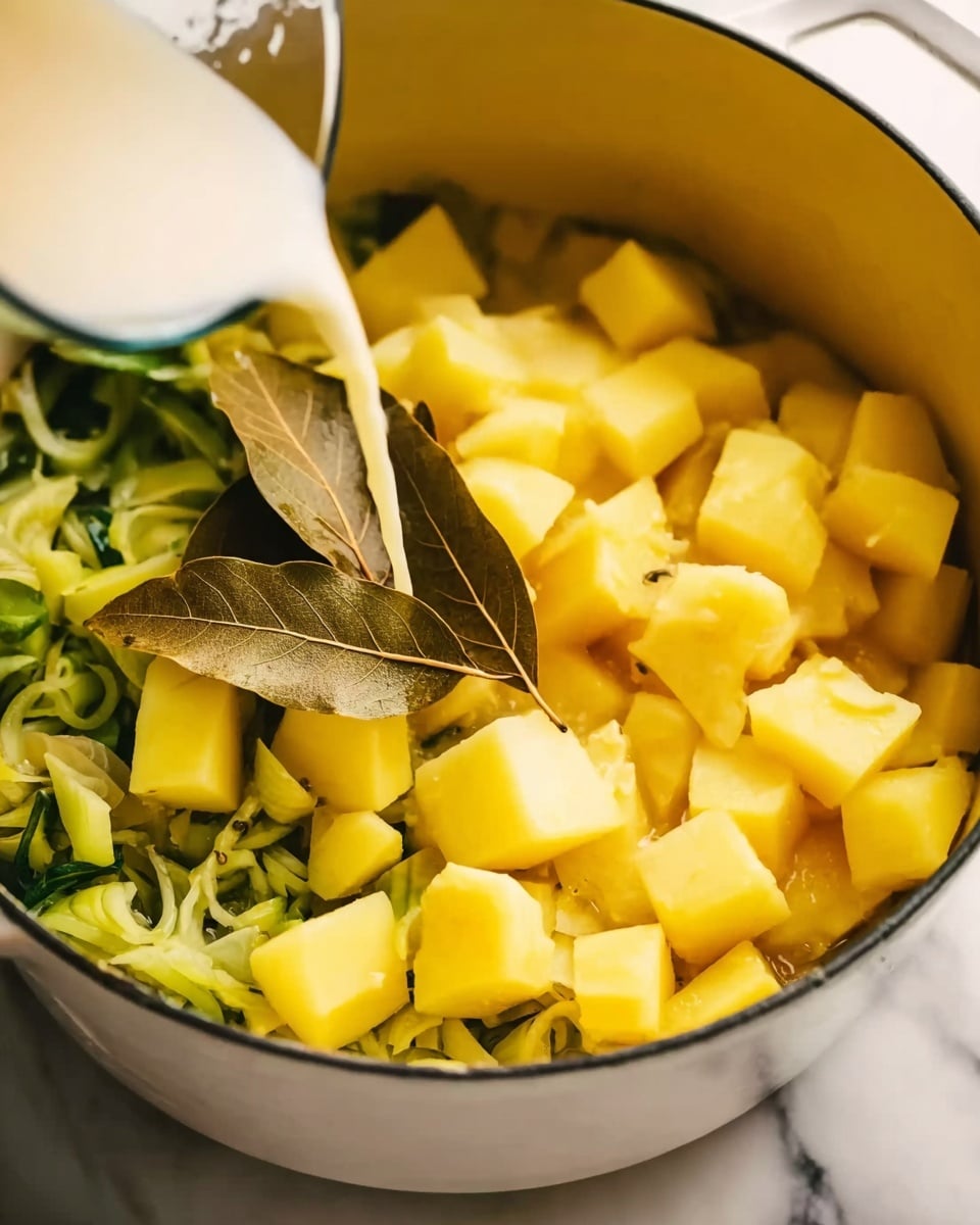 A close-up view shows a white pot filled with two layers: the bottom layer has soft green thinly sliced vegetables, and the top layer has many chunky yellow potato cubes. There are two brown dried leaves resting on top of the potato cubes. A white liquid is being poured over everything. The pot sits on a white marbled surface. photo taken with an iphone --ar 4:5 --v 7