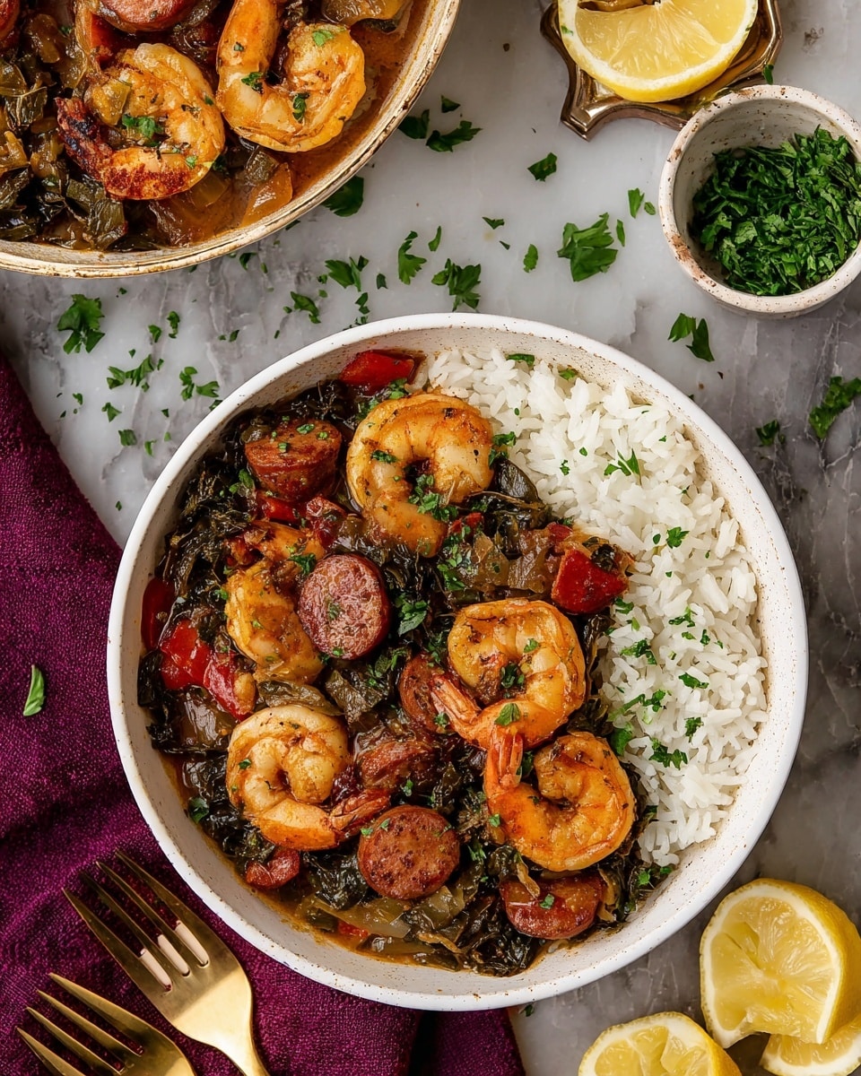 The image shows a white bowl filled with a base layer of fluffy white rice. On top, there is a rich, thick stew made of shrimp, round sausage slices, chopped red peppers, onions, and dark leafy greens. The shrimp have a golden-brown color with a shiny texture, and the sausage slices are reddish-brown with a slightly crispy look. The stew is garnished with fresh chopped green herbs sprinkled over everything. Nearby on the white marbled surface, there are lemon wedges, a small white bowl with more stew, a small container with extra chopped herbs, a purple cloth, and two gold forks. The overall scene looks warm and inviting. photo taken with an iphone --ar 4:5 --v 7