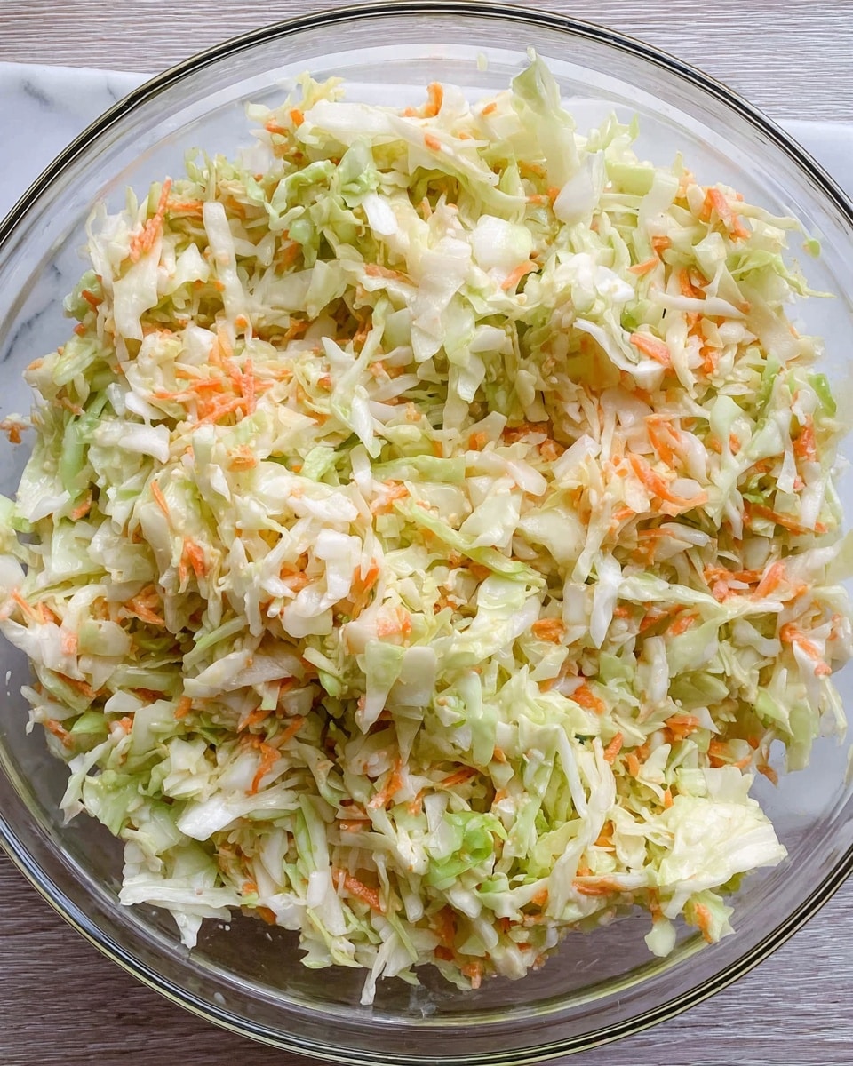 A large clear glass bowl filled with a fresh mix of shredded cabbage and thin carrot strips, showing mostly pale green and white cabbage pieces with bright orange carrot bits scattered throughout, sitting on a white marbled surface. The texture appears crisp and slightly wet, with the vegetables loosely piled to fill the bowl. photo taken with an iphone --ar 4:5 --v 7