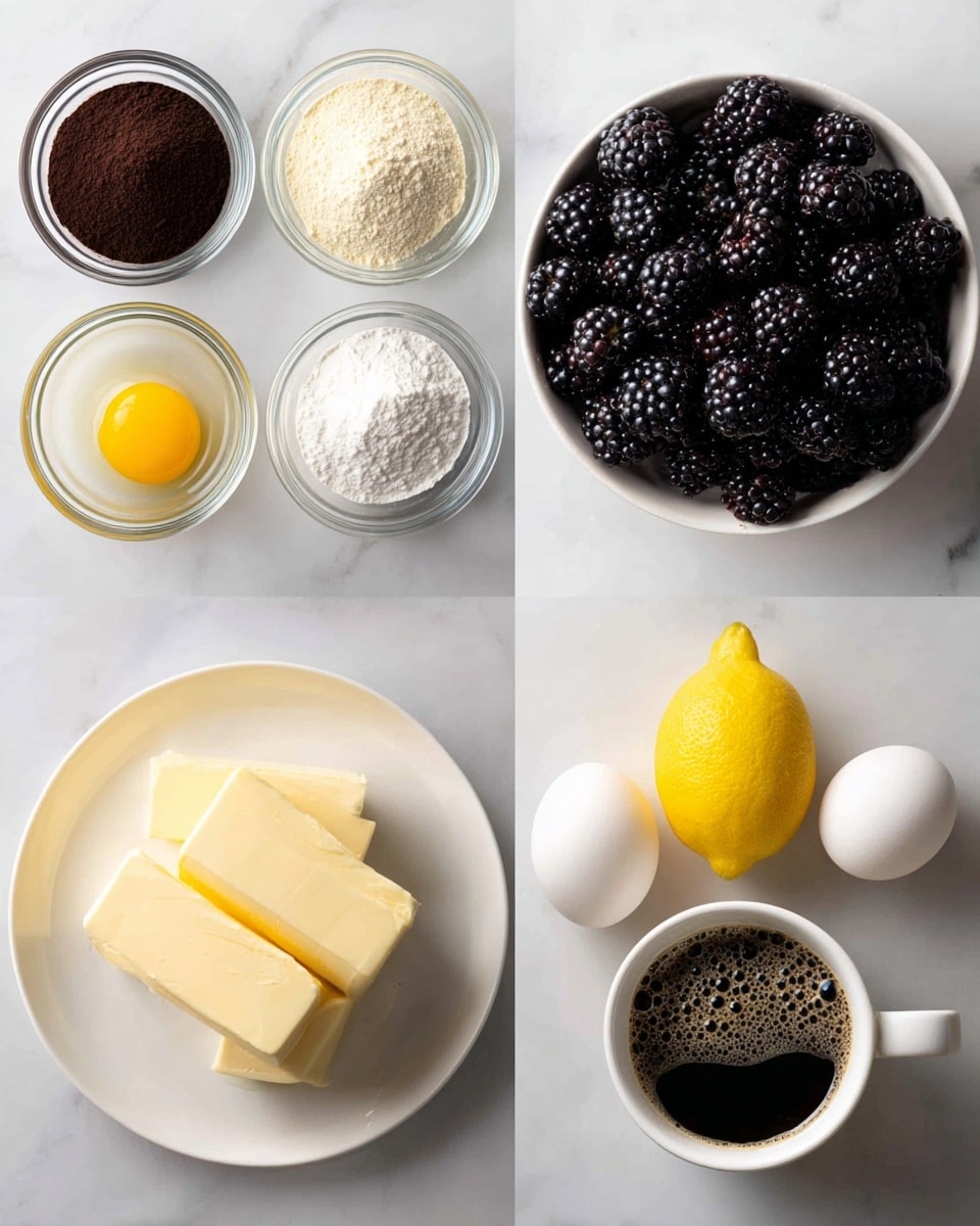 The image shows four sections of ingredients arranged neatly on a white marbled surface. The top left section has four small clear bowls, each holding a different powder: dark brown, off-white, and two shades of white powders, with a single raw egg yolk in one bowl creating a bright yellow spot. The top right section holds a white bowl filled full with dark blackberries, showing their shiny, textured surfaces. The bottom left section features a white plate with four solid blocks of pale yellow butter, each piece smooth and rectangular. The bottom right section displays two white eggs, one bright yellow lemon, and a white cup filled with dark black coffee with bubbles on top, all spaced evenly. Photo taken with an iphone --ar 4:5 --v 7