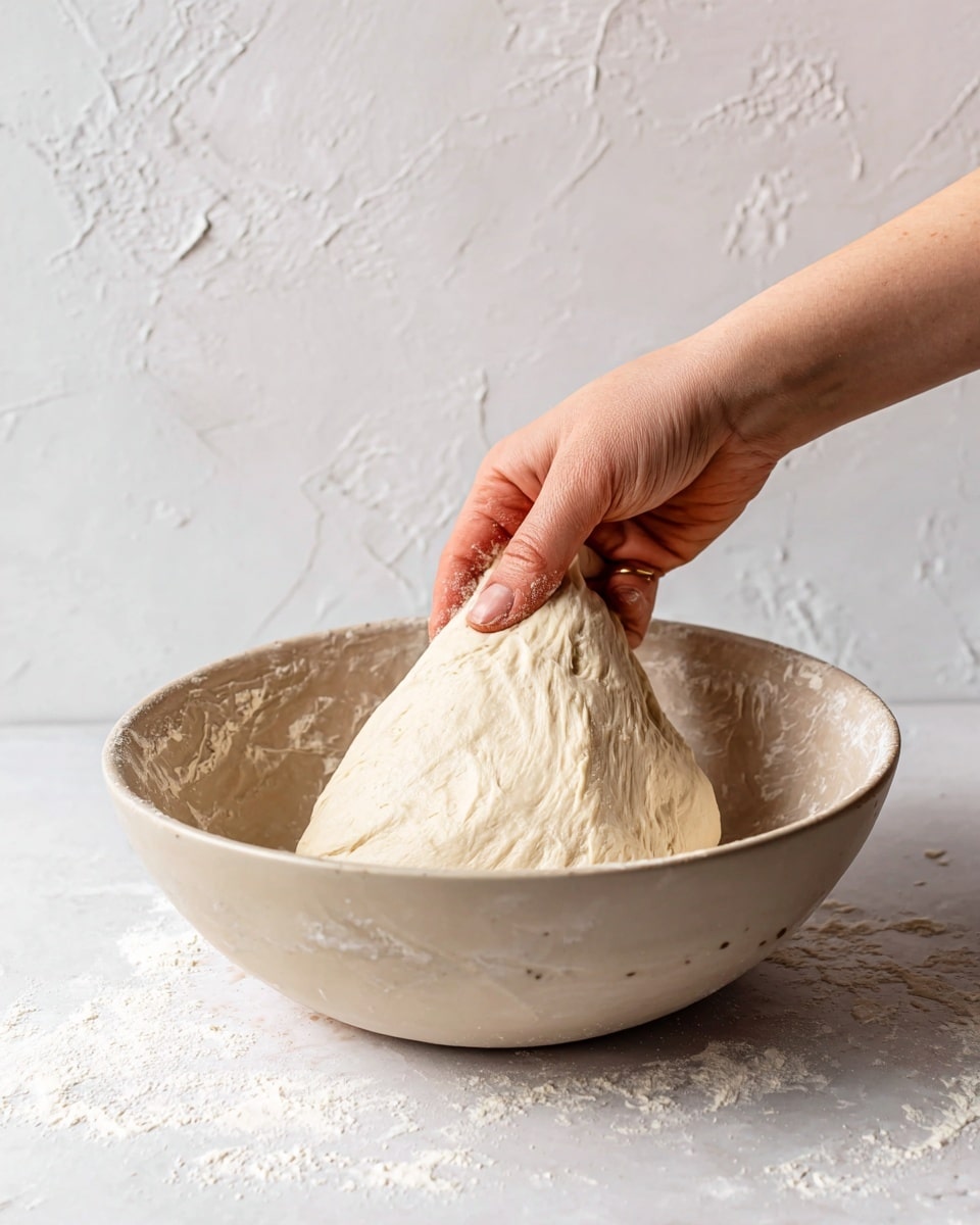 A woman's hand is stretching a soft, pale dough in a round, white bowl with a few patches of flour inside. The dough is smooth and slightly sticky with a light cream color. The bowl sits on a white marbled surface with a textured wall in the background. photo taken with an iphone --ar 4:5 --v 7