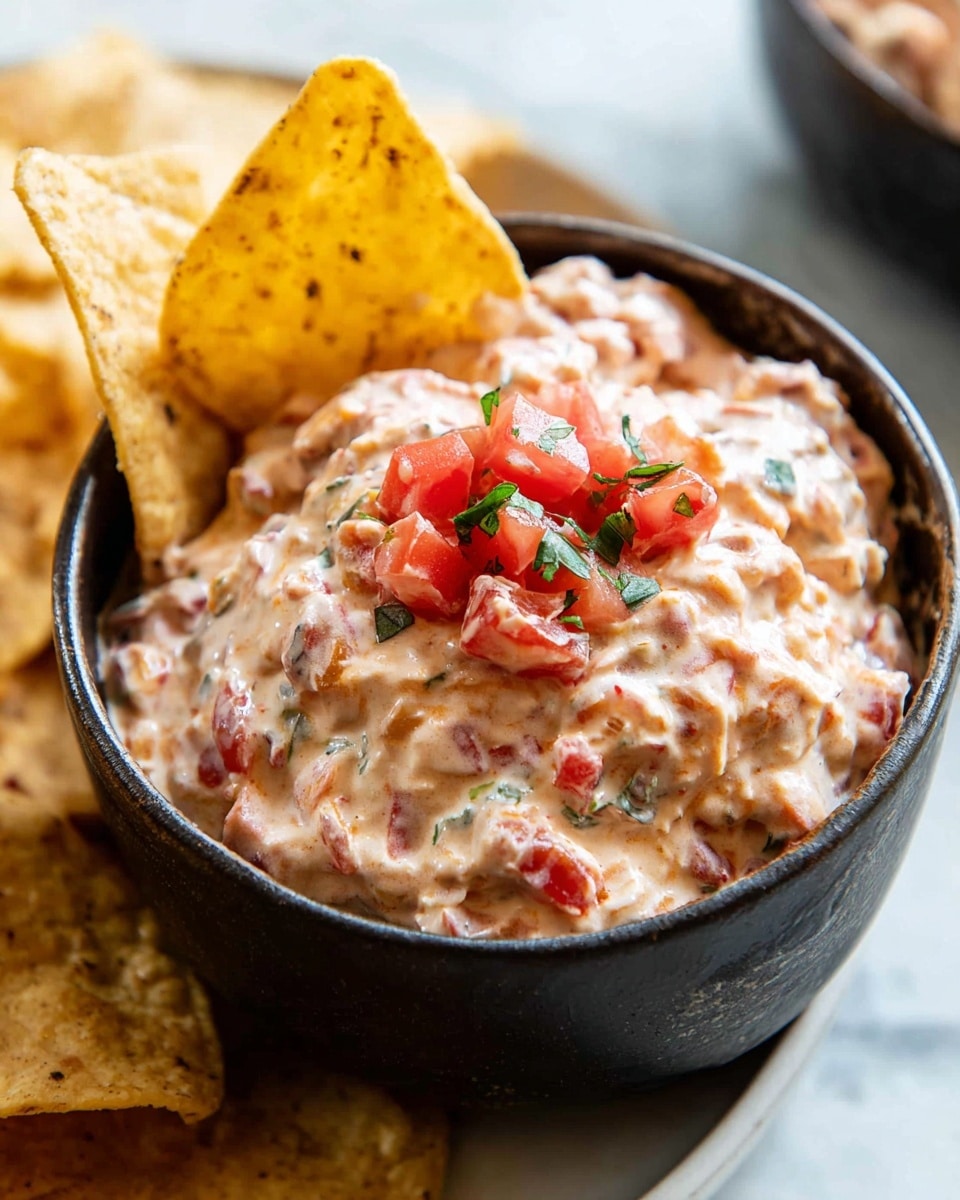 A close-up of a small dark bowl filled with creamy dip that has a pinkish tone, mixed with visible chunks of red tomatoes and bits of green herbs throughout. On top, small tomato pieces and green herbs are sprinkled as garnish. Two crisp, golden tortilla chips stand upright on the right side inside the bowl. The bowl sits on a white marbled surface with more tortilla chips scattered in the background. Photo taken with an iphone --ar 4:5 --v 7