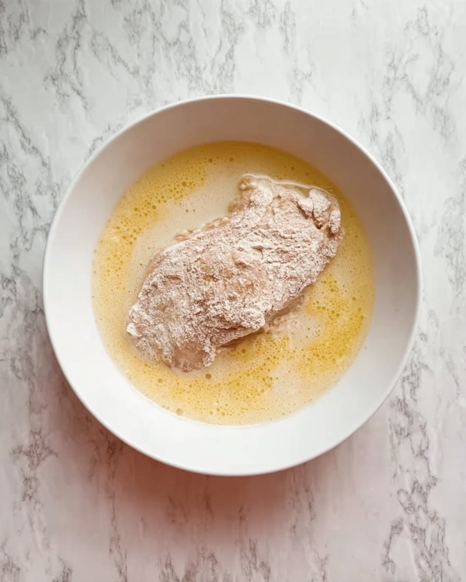 A white bowl sits on a white marbled surface, filled with a light yellow, frothy liquid. Inside the liquid, there is a single piece of raw meat coated with a pale, flour-like powder, partially submerged in the yellow mixture. The meat is slightly textured and covers most of the liquid's surface. photo taken with an iphone --ar 4:5 --v 7