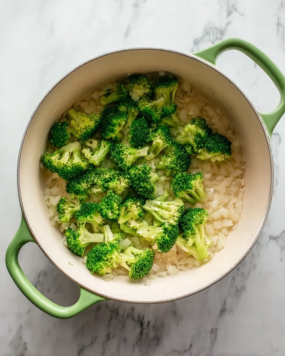 Inside a white pot with a green handle, there is a layer of small, translucent diced onions cooked to a soft texture, spread evenly across the bottom. On top of the onions, there is a scattered layer of bright green broccoli florets, fresh and vibrant. The pot is placed on a white marbled surface with subtle gray veins, adding a clean and elegant background. The lighting is natural, capturing the freshness of the vegetables. photo taken with an iphone --ar 4:5 --v 7