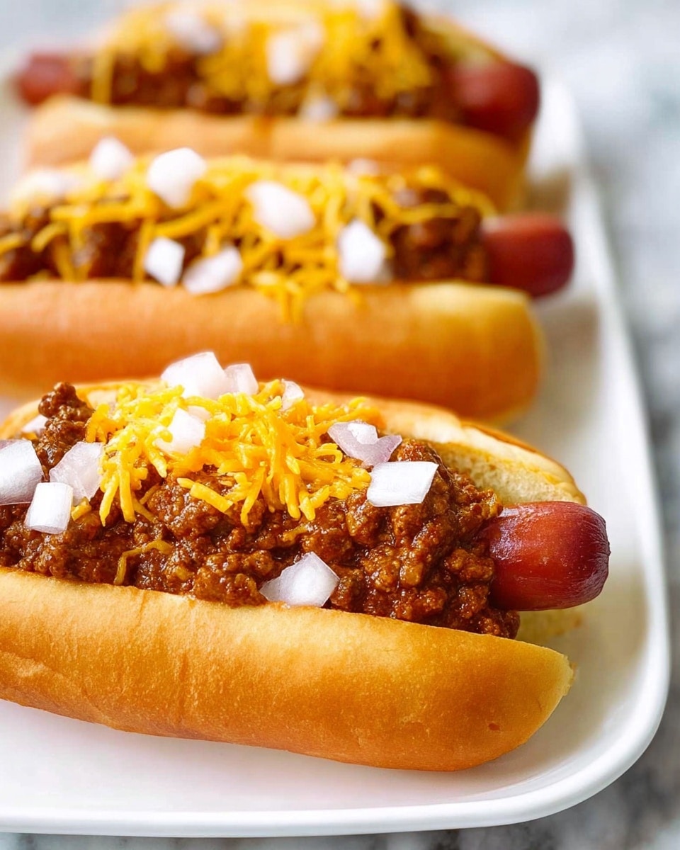 The image shows three chili hot dogs arranged in a row on a white plate, placed on a white marbled surface. Each hot dog has one layer of a soft, golden-brown bun, slightly glossy with a soft texture. Inside the bun is a reddish-brown sausage with a shiny, slightly wrinkled surface, partially sticking out at one end. On top of the sausage sits a thick, chunky layer of rich brown chili meat, spread unevenly to cover most of the sausages. Scattered over the chili are bright orange shredded cheese pieces and small white diced onions, adding a fresh contrast in texture and color. The photo taken with an iphone --ar 4:5 --v 7