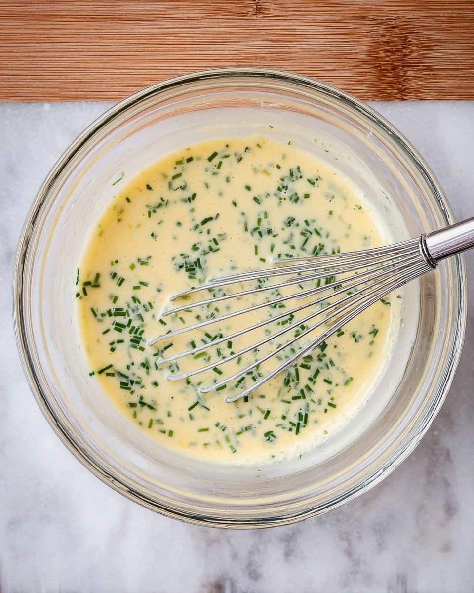 A clear glass bowl filled with a pale yellow creamy mixture dotted with small pieces of green herbs, likely chives, throughout. Inside the bowl, there is a silver metal whisk partially submerged in the mixture. The bowl is placed on a white marbled surface which contrasts with the colors of the mixture and herbs, making them stand out clearly. Photo taken with an iphone --ar 4:5 --v 7