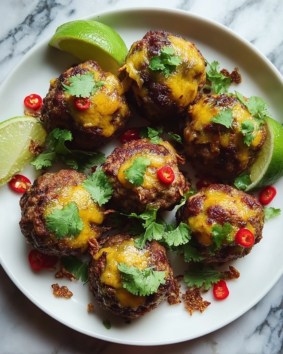 There are seven brown, round meatballs on a white plate, each topped with a melted yellow cheese layer and green cilantro leaves. Red chili slices are scattered around the meatballs on the plate along with some crispy bits. Two green lime wedges are placed near the meatballs on the plate. The plate sits on a white marbled surface. Photo taken with an iphone --ar 4:5 --v 7