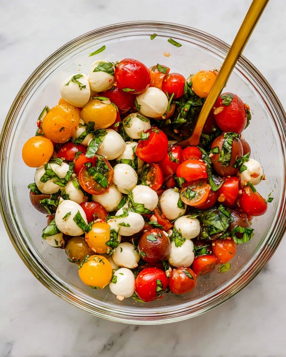 A clear glass bowl filled with three main layers visible: the first layer is small, smooth white mozzarella balls scattered throughout; the second layer shows bright red and yellow cherry tomatoes, some whole and some split, with a shiny, juicy texture; the third layer is fresh green basil leaves, chopped roughly and mixed evenly among the other ingredients. A golden spoon is placed inside the bowl, resting among the colorful mix, all set on a white marbled surface. photo taken with an iphone --ar 4:5 --v 7