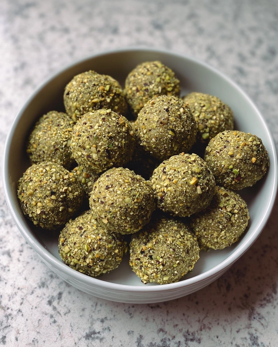 A round white bowl sitting on a white marbled surface holds about 18 small round balls arranged closely together. Each ball is covered with a rough layer of crushed green and brown nuts, giving a coarse and textured look. The balls have a greenish hue showing through the nut coating, and they fill most of the bowl, creating a neat and uniform pattern. photo taken with an iphone --ar 4:5 --v 7