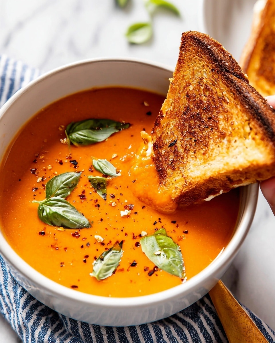 A white bowl filled with smooth, orange tomato soup garnished with green basil leaves and small specks of black and red pepper flakes floating on top; a toasted sandwich with a golden-brown crispy texture is dipped halfway into the soup, held by a woman's hand, creating a soft dip in the liquid; the bowl sits on a white marbled surface with a blue and white striped cloth underneath, and a wooden spoon handle pokes out from the bowl edge photo taken with an iphone --ar 4:5 --v 7