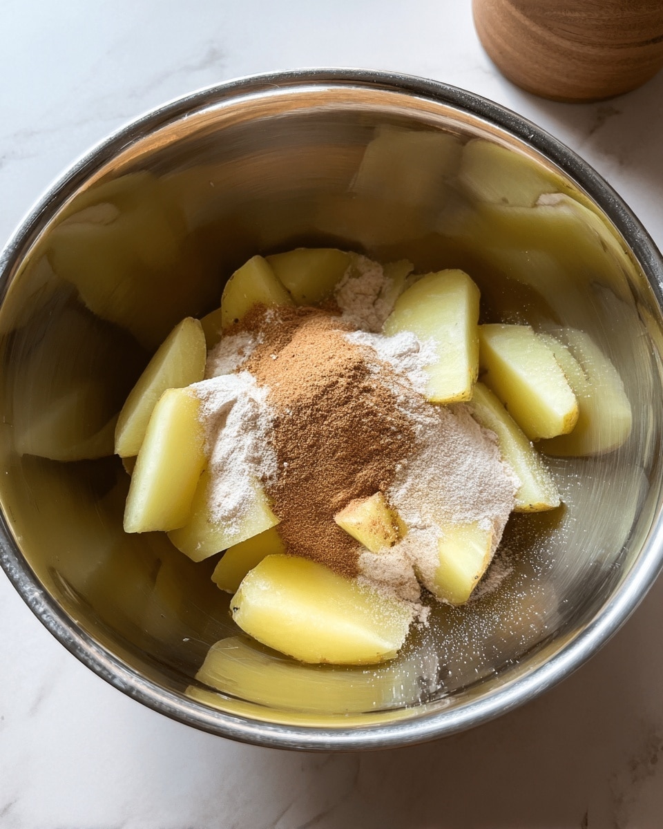 A large metal bowl sits on a white marbled surface, filled with several pieces of pale yellow potato wedges at the bottom. On top of the potatoes, there is a pile of white and light brown powders, likely different spices or seasonings, creating a small mound in the middle. The inside of the bowl is shiny and reflective, showing soft light spots. The corner of a brown, round object, probably a bowl or cup, is partly visible at the top right edge of the image. photo taken with an iphone --ar 4:5 --v 7