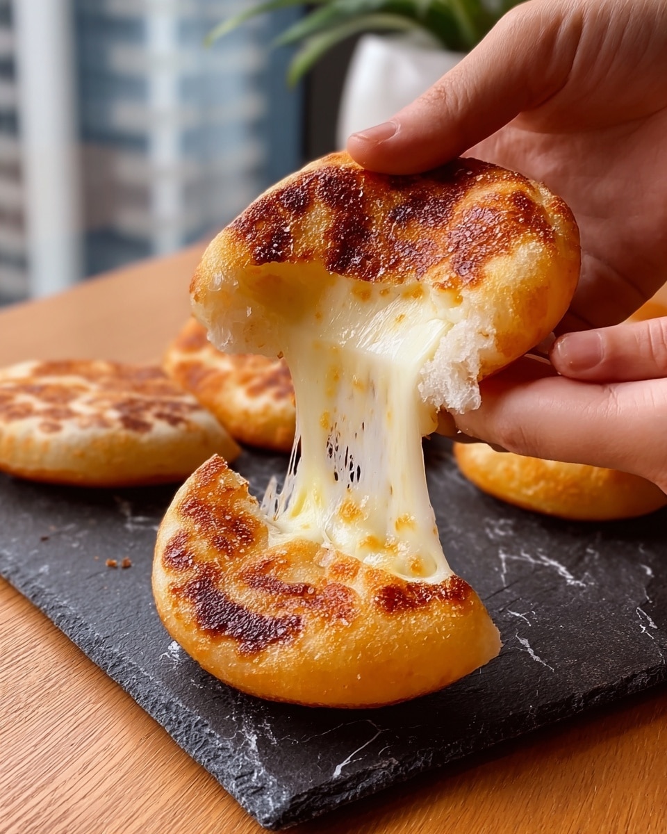 Four round golden brown cakes with a crispy outside layer sit in a row on a dark gray board that has a rough texture. The front cake is broken open showing two layers: a thick outside layer that is light yellow with crispy browned areas, and inside there is melted pale yellow cheese stretching out softly. Photo taken with an iphone --ar 4:5 --v 7