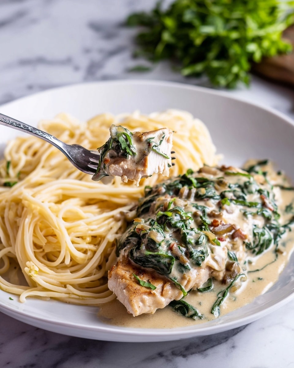 A white plate holds a dish with two main parts: on the left, there is a nest of pale yellow spaghetti noodles with a smooth texture, loosely piled and curving gently. On the right, a thick piece of cooked chicken lies under a creamy sauce full of small chopped bits and dark green spinach leaves, creating a mix of beige, light brown, and green colors. A fork is holding a small sliced piece of chicken covered in sauce in the bottom left, about to lift it from the plate. The dish sits on a white marbled surface with a blurred green herb bunch in the background. photo taken with an iphone --ar 4:5 --v 7
