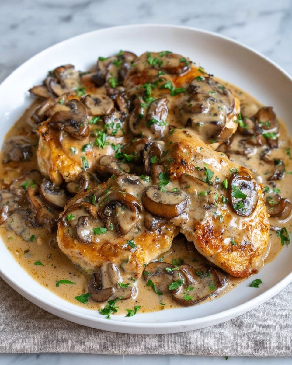 The image shows a white plate with three pieces of cooked chicken, golden brown and slightly crispy on top. The chicken is covered with a thick, creamy light brown mushroom sauce, with many sliced brown mushrooms spread evenly all over. There are small green parsley pieces sprinkled on top of the dish for color. The plate is sitting on a white marbled surface. Photo taken with an iphone --ar 4:5 --v 7