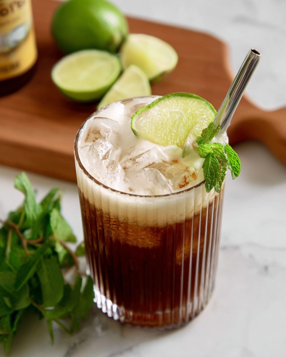 A tall clear glass with vertical ridges is filled with a dark brown drink at the bottom, topped with large clear ice cubes. On top of the ice, there is a light frothy layer that blends softly with the brown drink. A thin lime wedge and fresh bright green mint leaves rest on the rim of the glass, with a silver metal straw inserted at an angle on the right side. The glass sits on a white marbled surface, with a blurred wooden board holding half a lime and some mint leaves in the background. Photo taken with an iphone --ar 4:5 --v 7