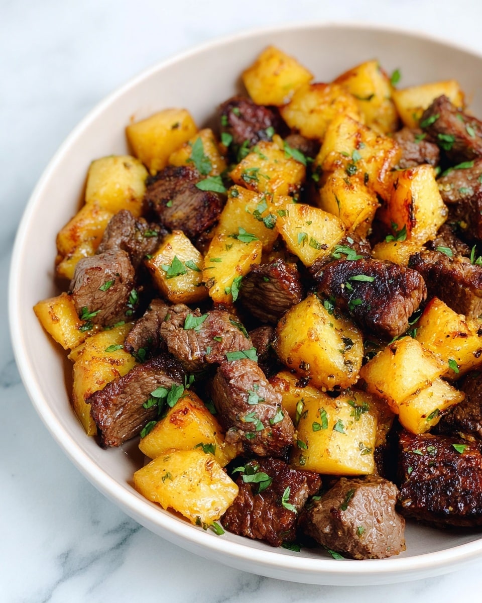 A close-up view of a dish in a white bowl showing many pieces of cooked beef and cubed potatoes mixed together. The beef chunks are dark brown with a slightly crispy texture, and the potatoes are golden yellow with browned edges. Small green herb bits are sprinkled on top, adding a fresh color contrast. The bowl sits on a white marbled surface, giving a clean and bright look. photo taken with an iphone --ar 4:5 --v 7