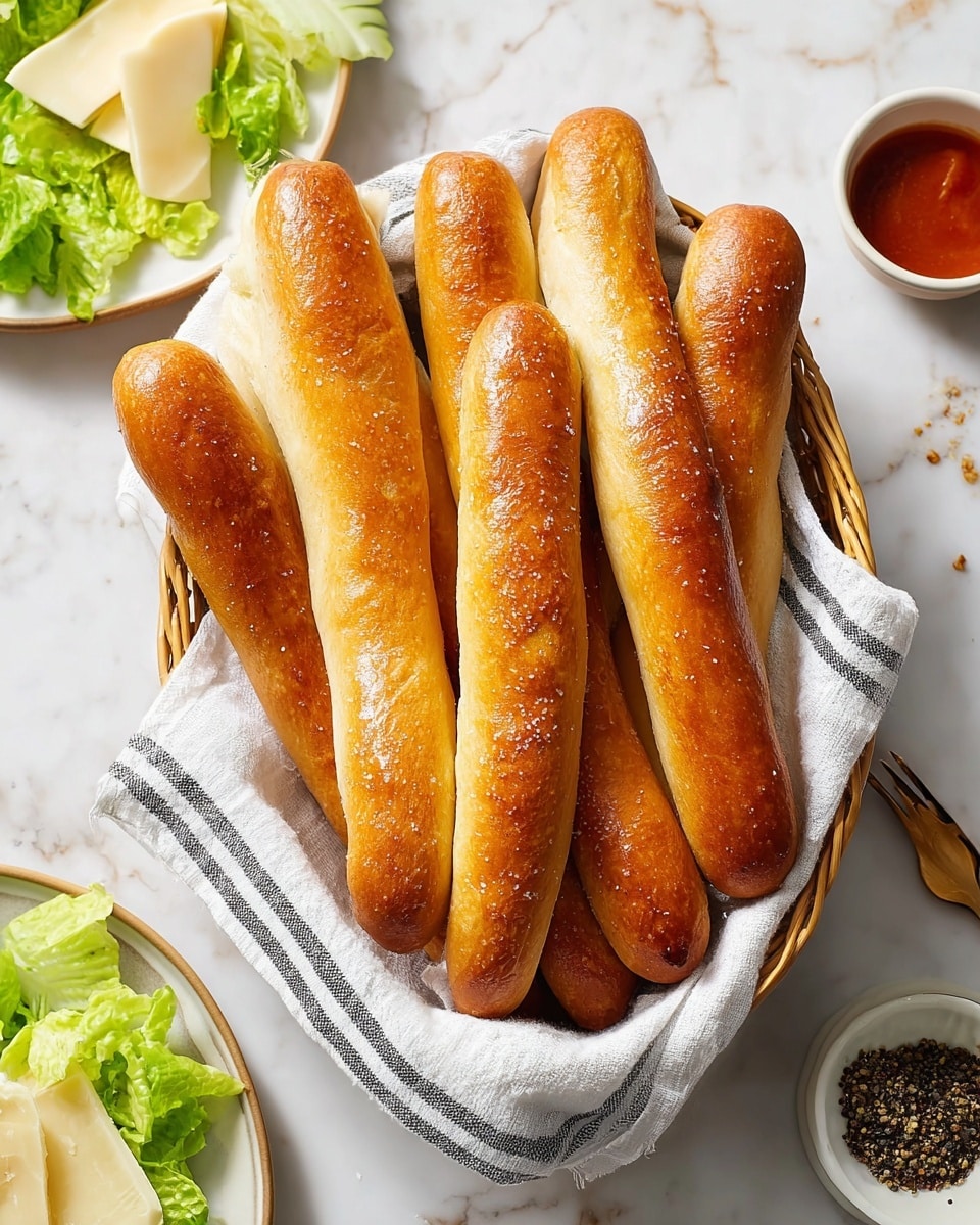 A basket lined with a white cloth with black stripes holds eight golden brown breadsticks with a shiny, slightly salted crust, arranged vertically and overlapping slightly, showing their smooth, glossy texture. Around the basket on a white marbled surface are plates with fresh green lettuce leaves, some with slices of pale yellow cheese, and a small white bowl filled with a reddish dipping sauce. In the top right corner, a small white bowl with crushed peppercorns is visible. The overall scene is bright and clean, emphasizing the warm, inviting look of the breadsticks. photo taken with an iphone --ar 4:5 --v 7