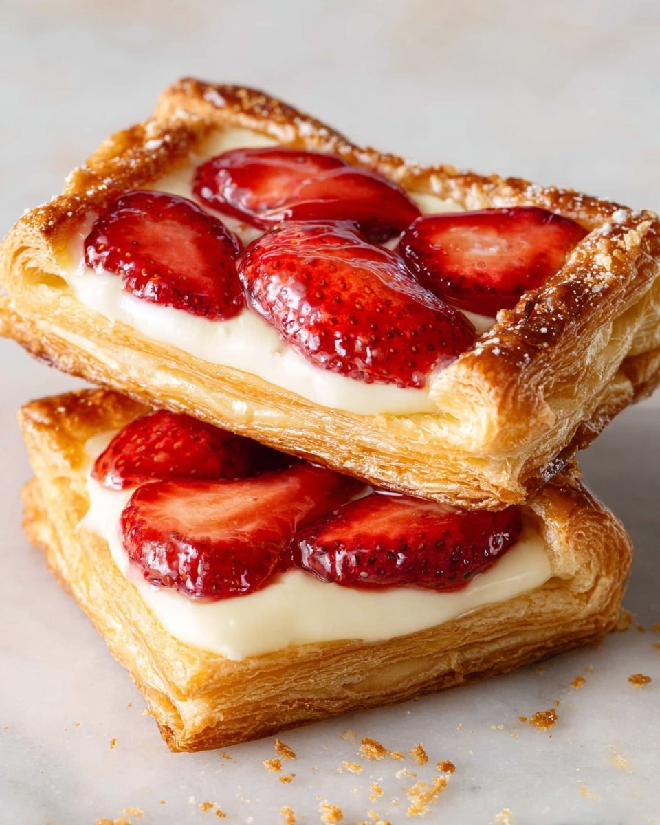 The image shows two stacked rectangular pastries with golden-brown flaky crusts that have a crisp texture. Each pastry has a layer of creamy white filling just inside the crust edges, topped with shiny, sliced red strawberries spread across the center. The strawberries have a glossy, syrup-like coating, giving a bright red contrast against the pale cream and golden crust. The pastries sit on a white marbled surface with a few small crumbs around them. photo taken with an iphone --ar 4:5 --v 7