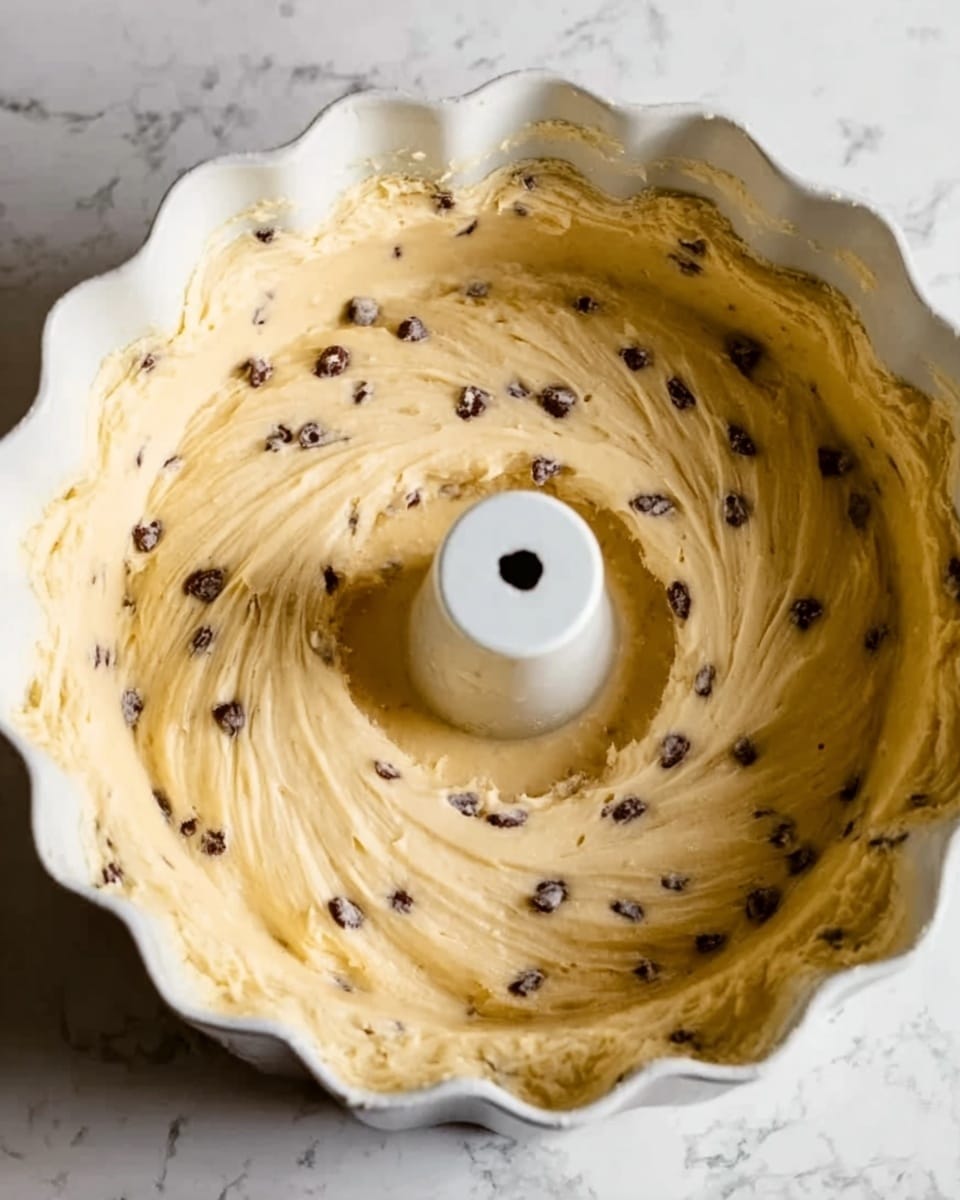 A white bundt pan filled with smooth, light yellow batter mixed with small, dark chocolate chips spread evenly throughout. The batter is evenly spread in the pan, showing soft, creamy texture with a few light swirls on the surface. The pan sits on a white marbled surface. photo taken with an iphone --ar 4:5 --v 7
