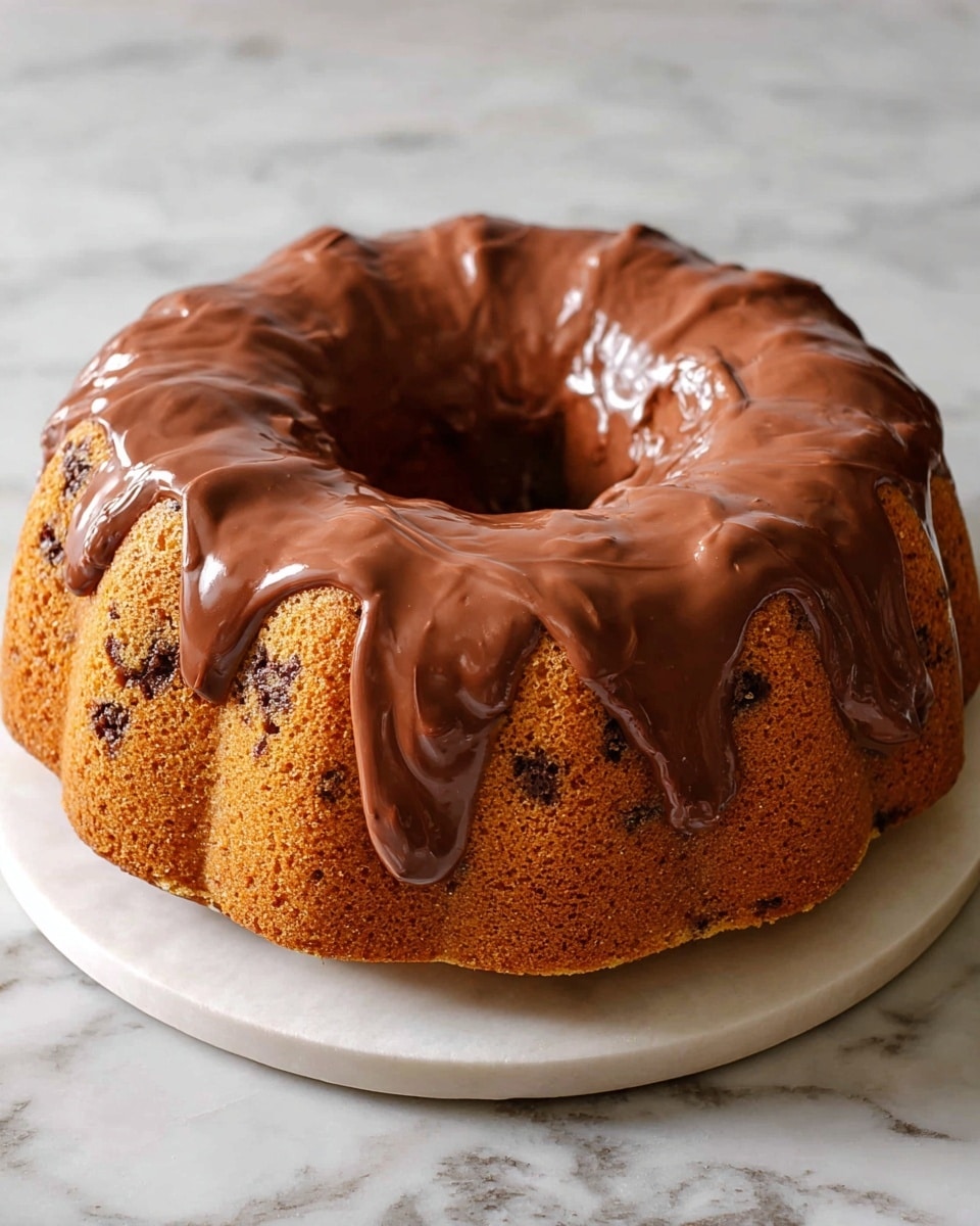 A single-layer bundt cake with a light brown color and dark spots inside, placed on a round white plate. The top of the cake is fully covered with a thick, smooth layer of shiny chocolate frosting that drips unevenly over the edges. The cake sits on a white marbled surface. photo taken with an iphone --ar 4:5 --v 7